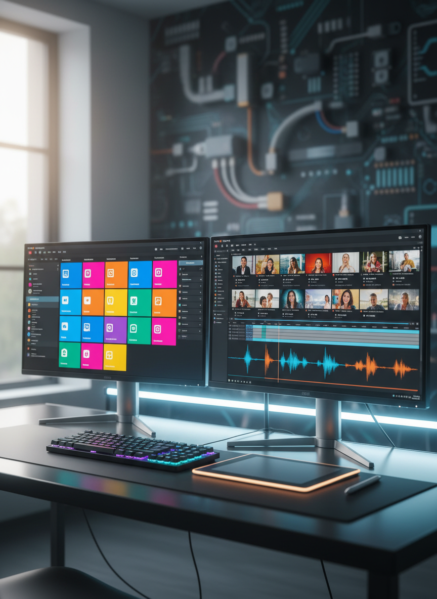 A sleek glass-topped workstation displaying a vibrant array of digital content creation tools on a pair of ultra-thin 4K monitors. One screen shows a colorful social media content calendar, the other an open video editing timeline with crisp thumbnails and audio waveforms. A compact mechanical keyboard with backlit keys and a wireless stylus tablet sit on a matte black desk surface. Soft daylight from a nearby window blends with cool, diffused LED strip lighting behind the monitors, creating subtle reflections on the glass. Photographic realism with a clean, modern aesthetic, shot at eye level with shallow depth of field, keeps the focus on the screens while the background fades into a gentle bokeh of abstract tech gear. The mood is focused, creative, and high-tech, ideal for a digital content hub.